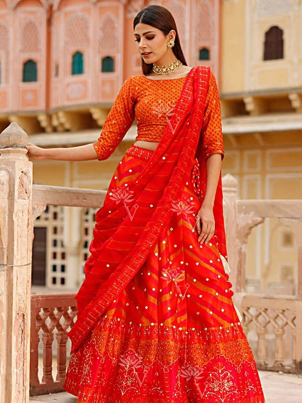 bridal wedding lehenga: Magnificent Vasansi Signature Silk Leheriya Lehenga Set