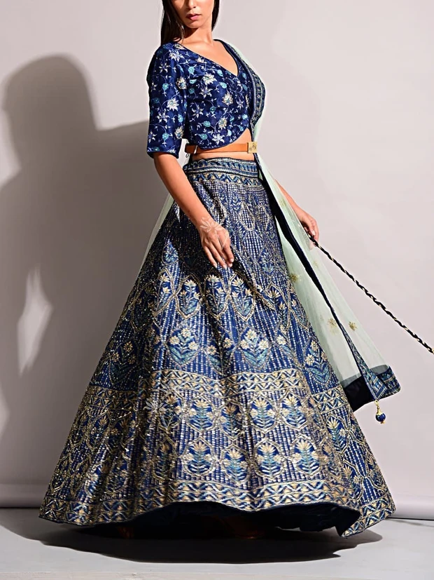 bridal wedding lehenga: Adorable Blue Silk Pearl Brush Lehenga Set