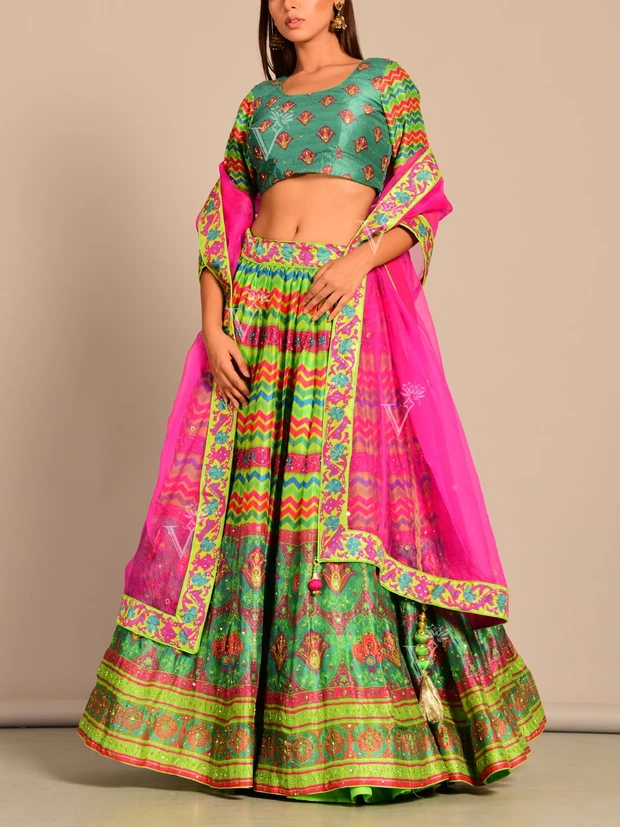 bridal wedding lehenga: Incredible Multi-Color Printed Silk Lehenga Set