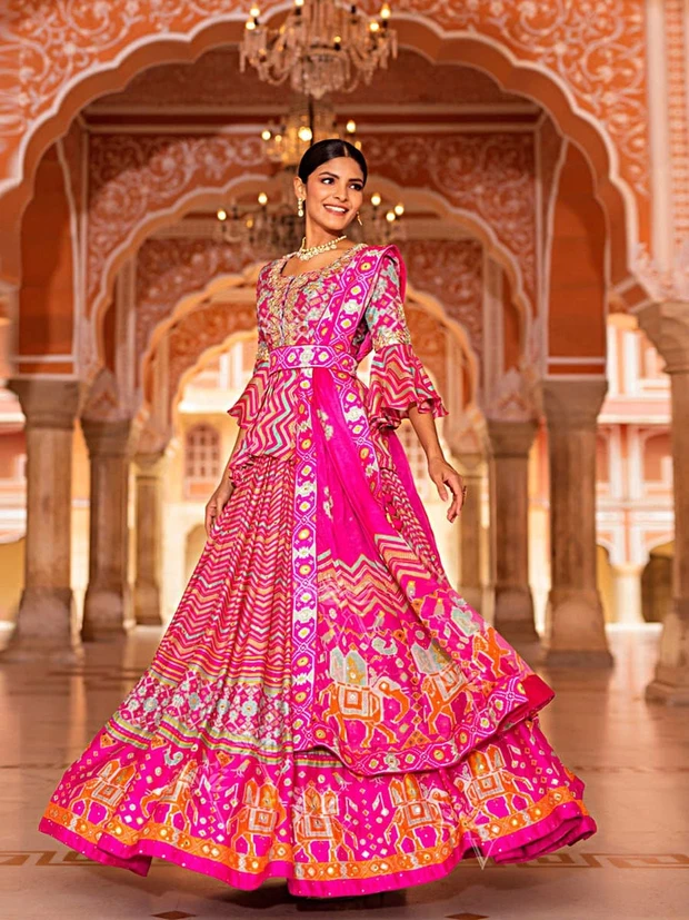 bridal wedding lehenga :Tradition Pink Peplum Lehenga Set